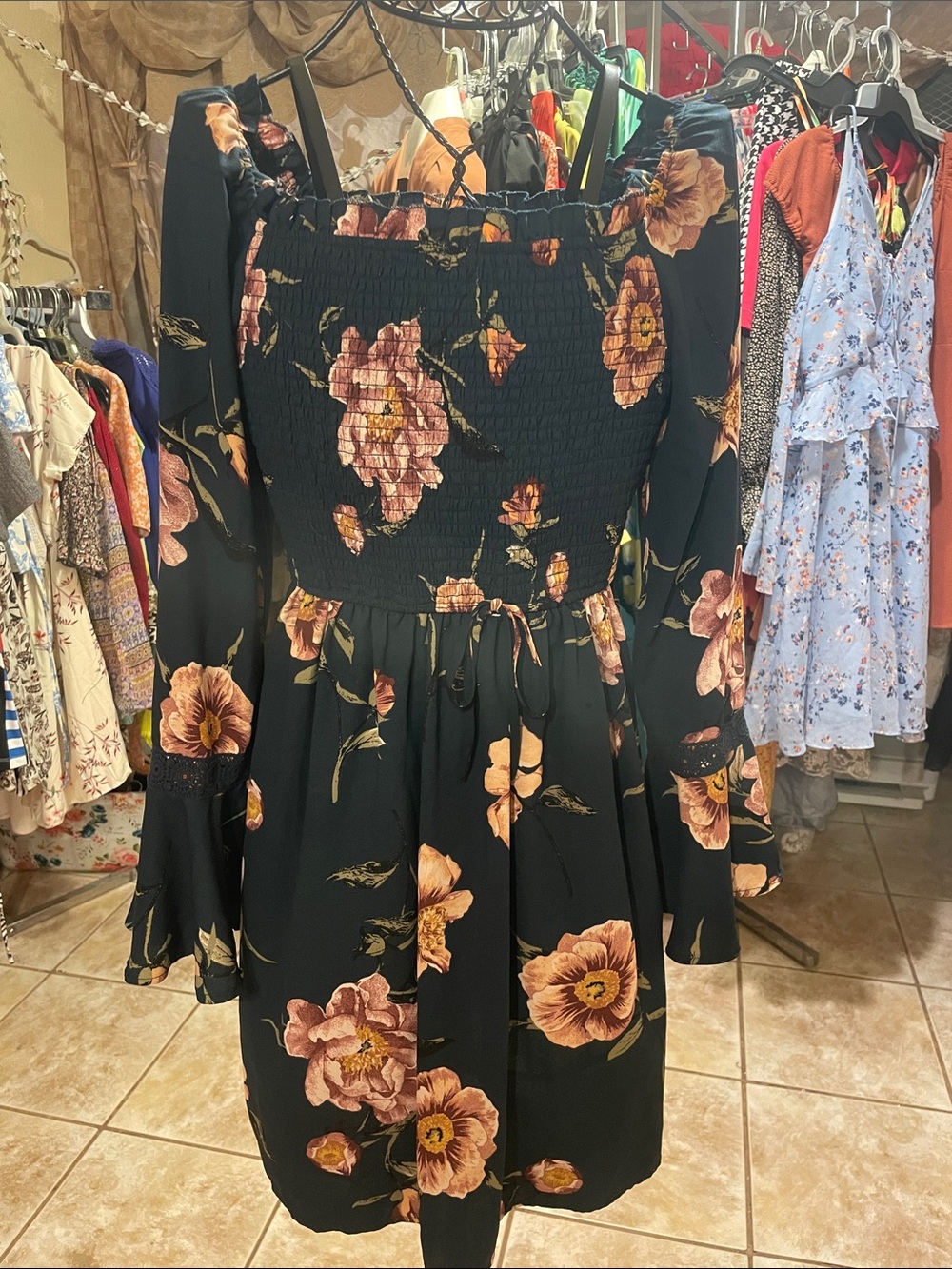 Xhilaration Black Floral Off-Shoulder Long Sleeve Dress